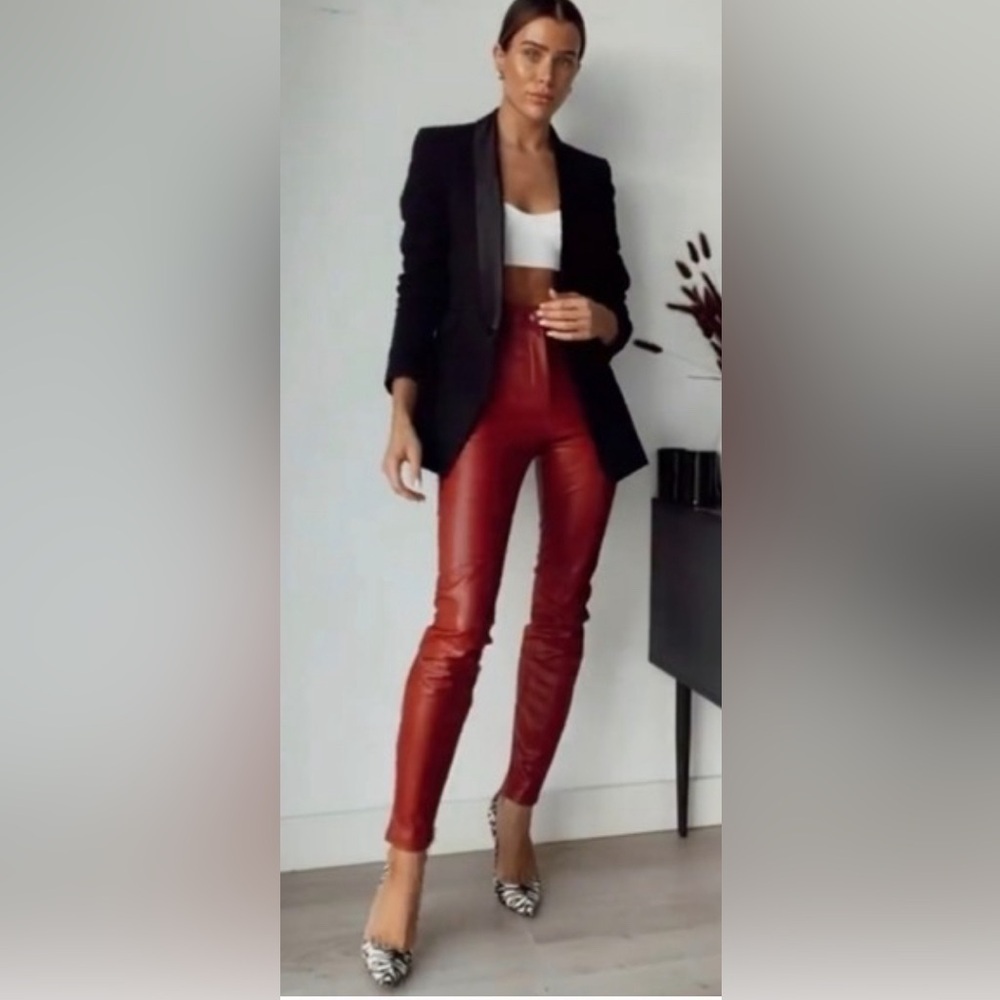 ZARA Sz M Vegan Leather High Rise Zipper at Ankle Unlined Trousers Leggings NEW